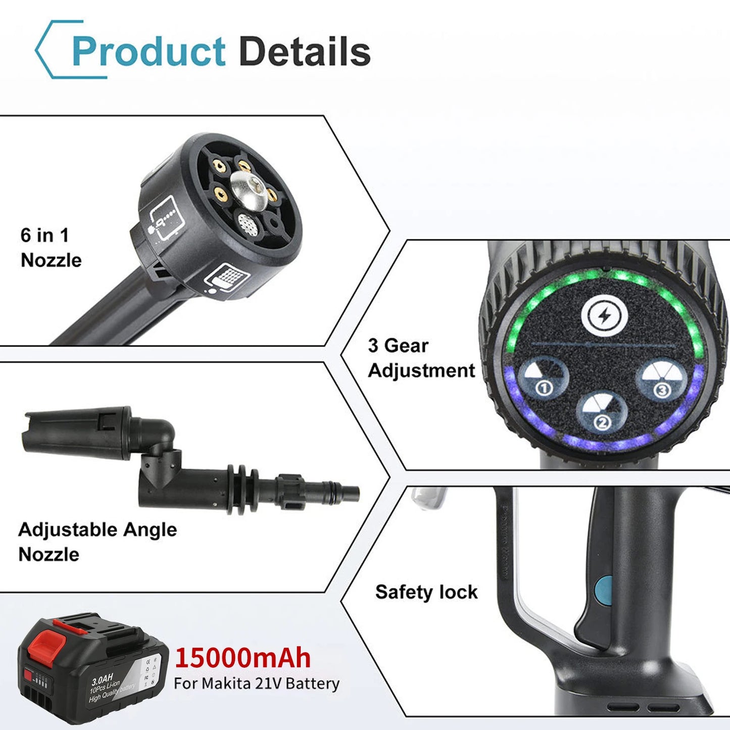 Hogedruk Auto Wasmachine -  Hogedruk Waterpistool - Hogedrukreiniger - Hogedrukspuit - Auto-Wasser - 200Bar - Brushless - 6IN1 - 18V - Draadloze - 2 Batterij