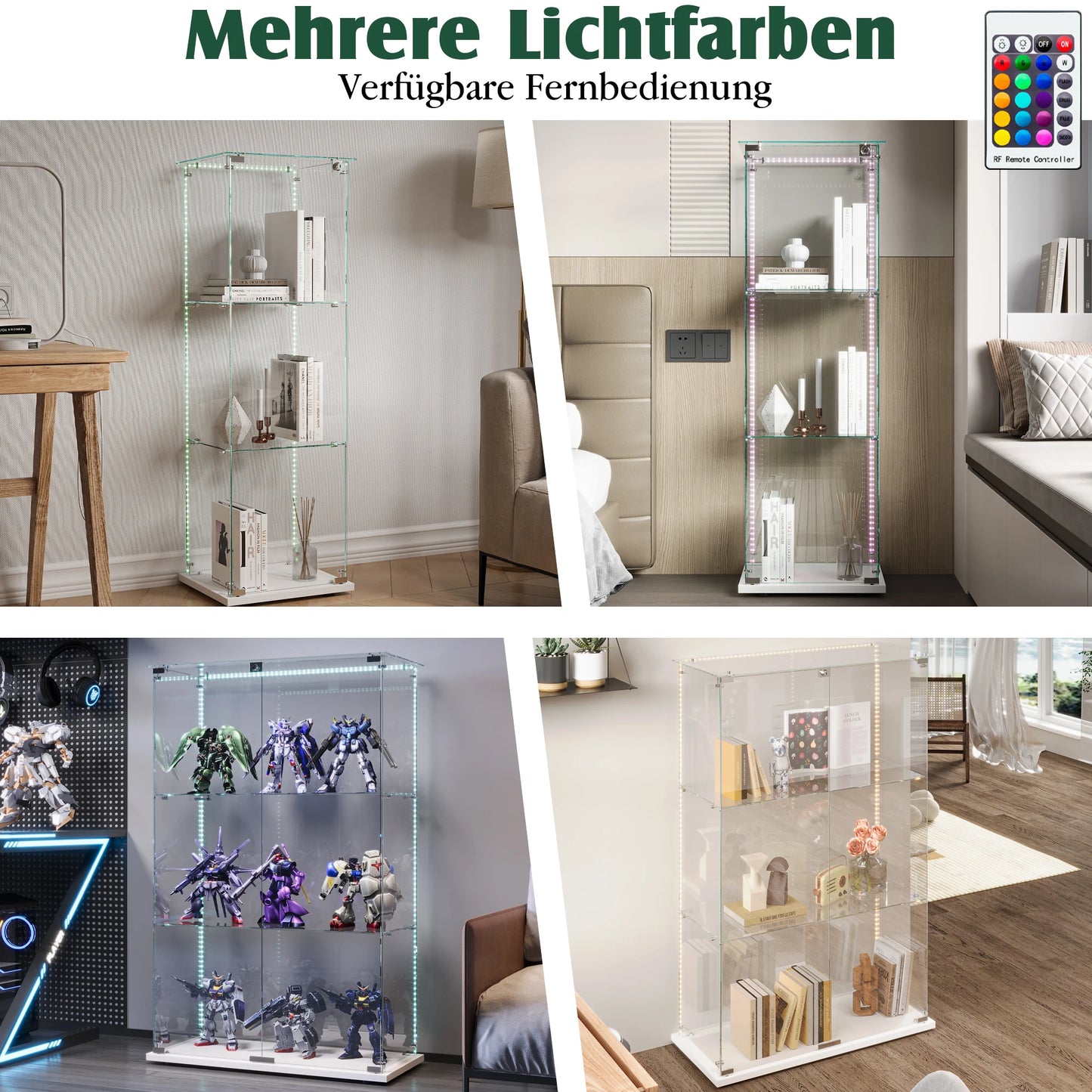 Vitrinekast – Glasvitrine – Displaykast – Showkast – Opbergkast – 360 Graden Zichtbaarheid – Ingebouwde LED-Verlichting – Wit – 3 Planken – Dubbele Deuren