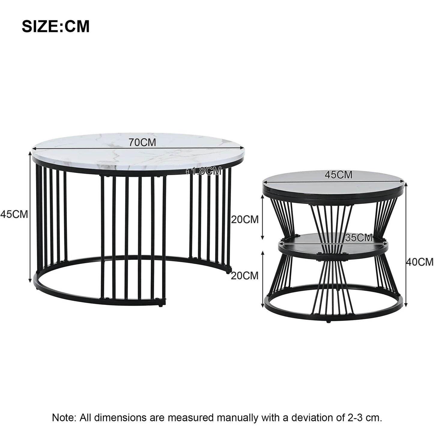 Salontafel - Bijzettafels – Tafelset – Bijzettafel – Metalen Frame – MDF Marmerprint – Twee Formaten
