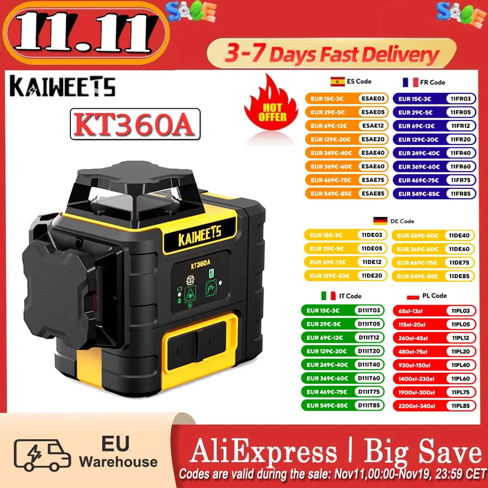 Zelfnivellerende Laser – Laserlijnmeter – Laser Waterpas – Meetlaser – 3x 360° Lijnen – Groen Licht – IP54 Spatwaterdicht – 18 Uur Batterijduur