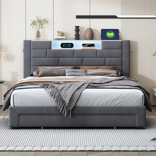 Upholstery bed 140x200cm with air lever storage headboard with storage and charging velvet bed with drawers double bed - QUORE
