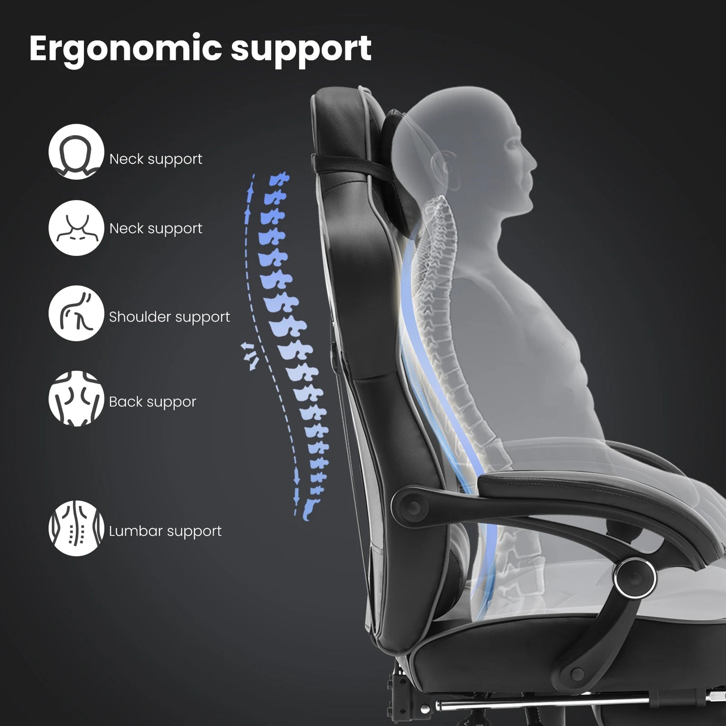 Ergonomische Gaming- en Bureaustoel – Comfortabele Werkstoel – Verstelbare Rugleuning – Voetensteun – Kunstleer – Maximale Draagkracht 120 Kg – Zwenkwielen - Grijs