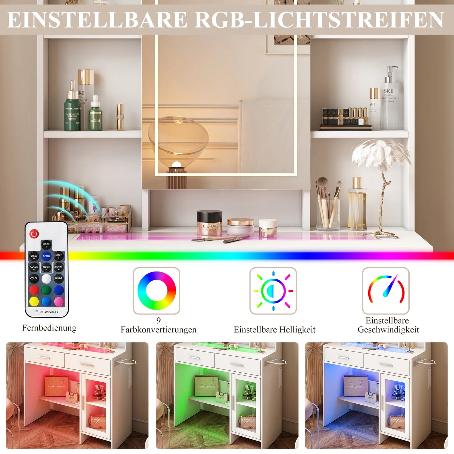 Make-up Tafel – Kaptafel – Schminktisch – Make-up Bureau – Verstelbare LED Verlichting – Wit Glasblad Met Laden – Hoekopstelling