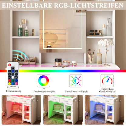 Make-up Tafel – Kaptafel – Schminktisch – Make-up Bureau – Verstelbare LED Verlichting – Wit Glasblad Met Laden – Hoekopstelling