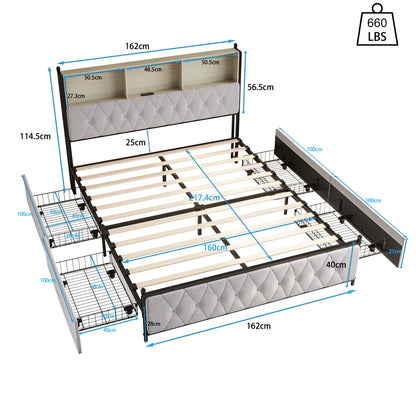 Bedframe – Gestoffeerd Bed – Tweepersoonsbed – Opbergbed – Slaapmeubel – 140x200 cm – Vier Laden – Hoofdbord Met Opbergruimte - QUORE
