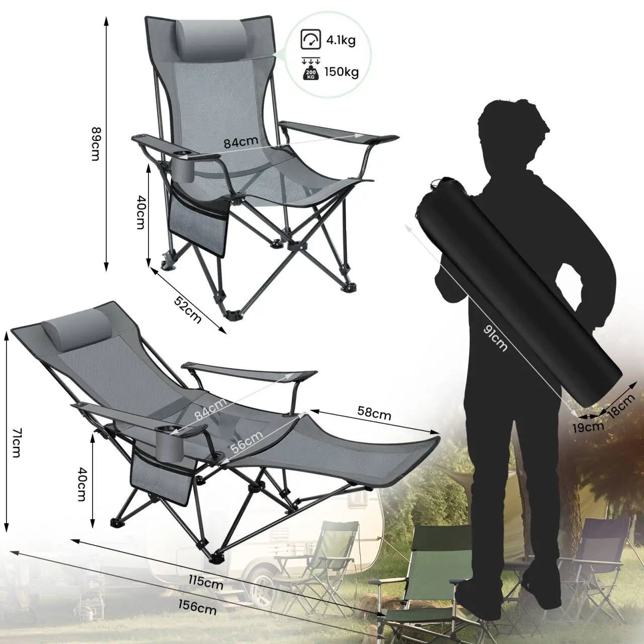 Opvouwbare Campingstoel - Kampeerstoel - Strandstoel - Verstelbare Rugleuning - Met Voetensteun - 4-in-1 Design - Lichtgewicht en Draagbaar - Voor Strand - Tuin en Outdoor - Grijs