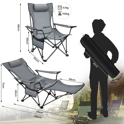 Opvouwbare Campingstoel - Kampeerstoel - Strandstoel - Verstelbare Rugleuning - Met Voetensteun - 4-in-1 Design - Lichtgewicht en Draagbaar - Voor Strand - Tuin en Outdoor - Zwart-grijs