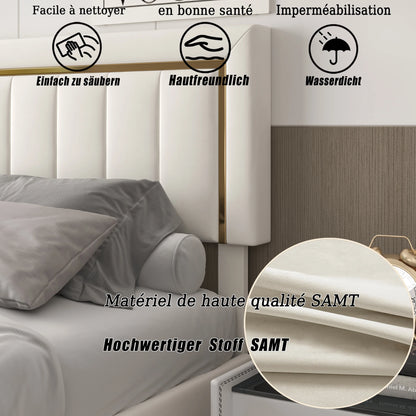 Bedframe – Bed – Tweepersoonsbed – Platformbed – Gestoffeerd bed – Hydraulisch opbergbed – 160x200 cm – Beige fluweel – Metaal en MDF