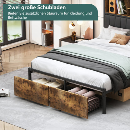 Zwart Tweepersoonsbed 180x200 cm – Stalen Bedframe – Opbergbed – Led Bed – PU Leren Bed – Met Led-lichtstrip en USB Oplaadpunt