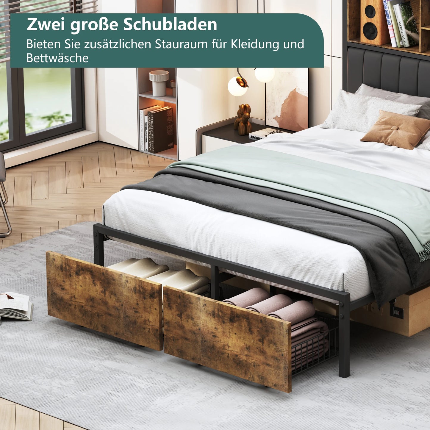 Tweepersoonsbed – Bedframe – Slaapbank – Opbergbed – Ledbed – Zwart met PU Hoofdeinde – 140x200 cm – Met Ledverlichting en Opberglades