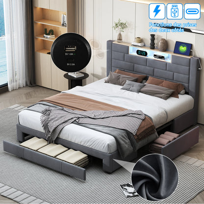 Upholstery bed 140x200cm with air lever storage headboard with storage and charging velvet bed with drawers double bed - QUORE