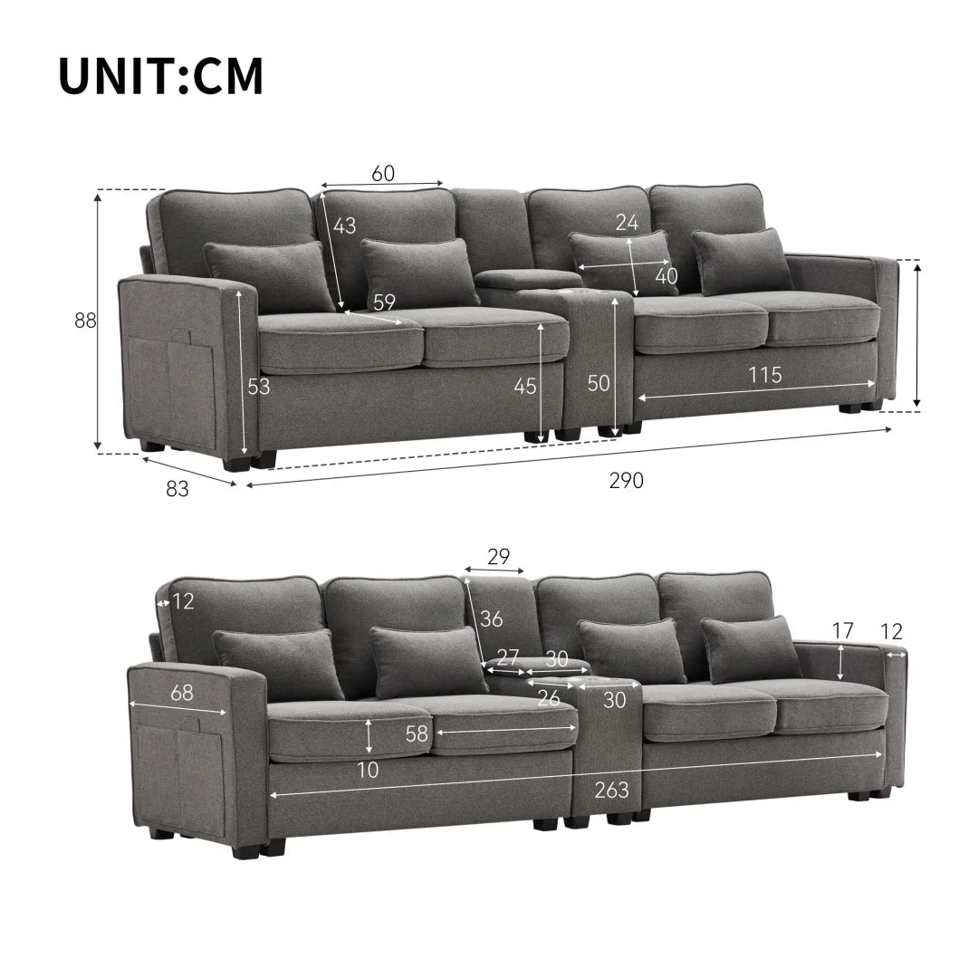 Hoekbank – Bank – Hoekbank Met Opbergruimte – Comfortabele Bank – Duurzaam Hennepstof – USB-Poorten – Instelbare Rugkussens - 290 × 83 × 88 cm - Donkergrijs