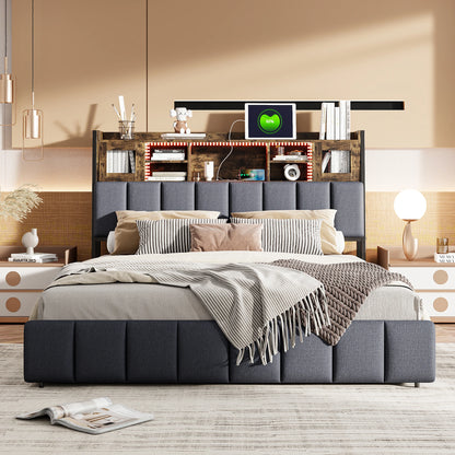 Tweepersoonsbed 140x200 cm – Opbergbed – Ladebed – Led Bed – Bed met USB – Stevig MDF Frame – Verstelbare LED Hoofdbord