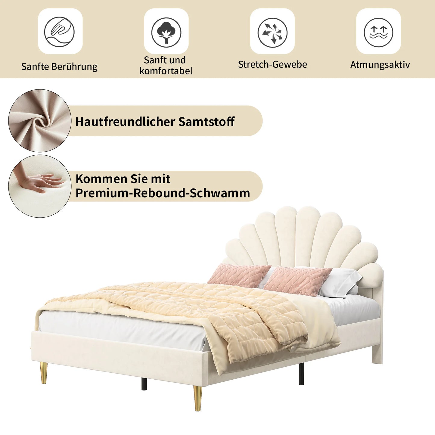 Velours Bed 140x200 cm – Gestoffeerd Bed – Tweepersoonsbed – Bedframe – Slaapbed – Bloemvormig Hoofdbord – Luxe Beige Velours – Stevige MDF Constructie - QUORE