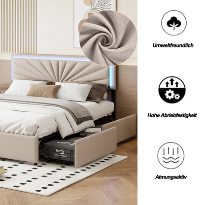 Anajqaqia 140/160x200cm Upholstered Double Bed, Storage Bed with Drawers, with LED Lighting and Slatted Frame, Linen, Beige