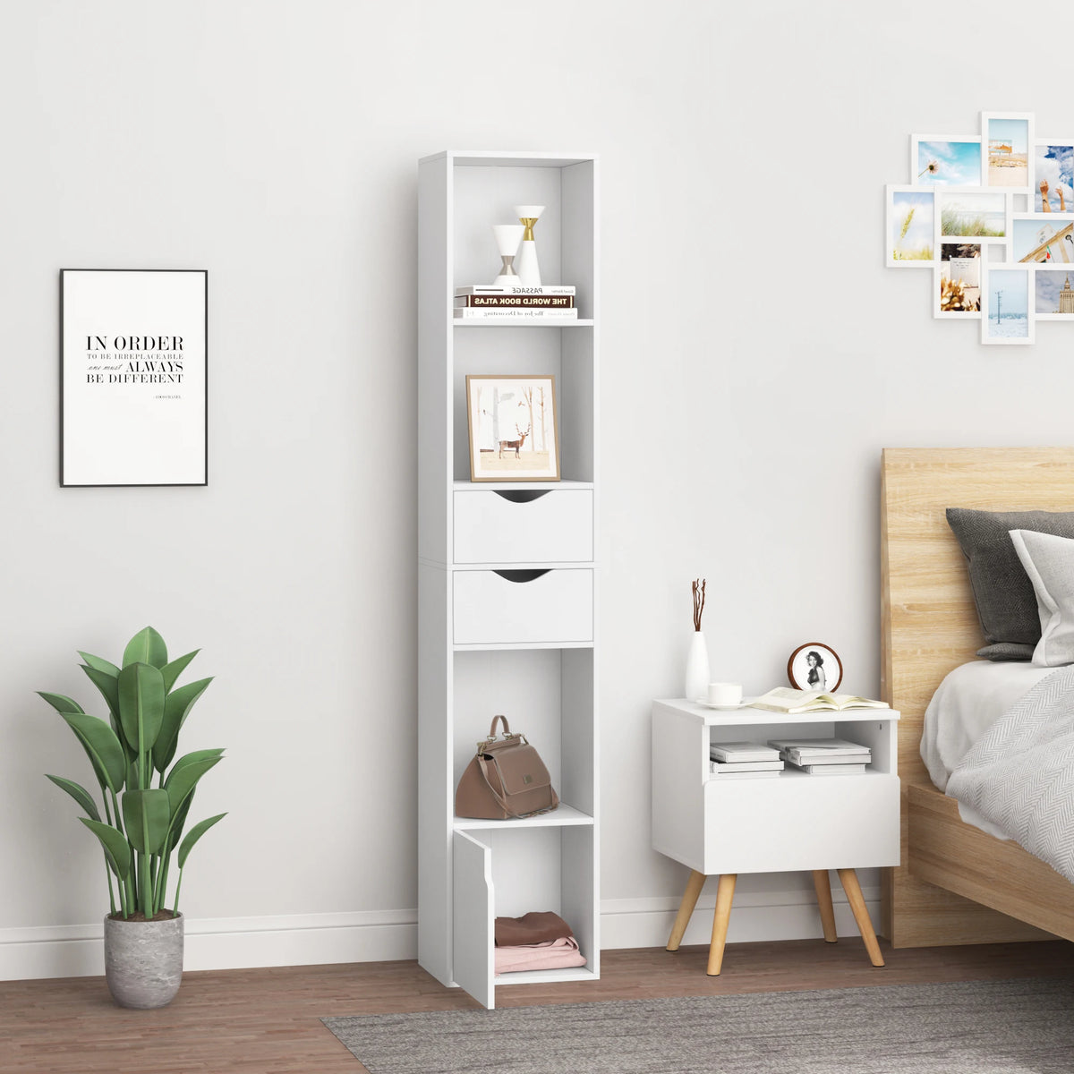 Boekenkasten - Boekenplank - Wandplank - Boekenrek - Opbergrek Organizer - 30x158x24cm - met Lade Deur - voor Woonkamer Decor - Wit - QUORE