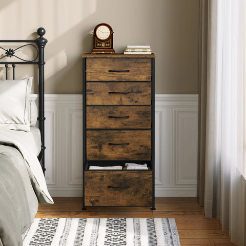 Ladenkast - Dressoir Kasten - Ladekast met 5 Stoffen Lades - Vintage Houtlook – Stabiele Opbergkast - Metaal Frame – Voor Slaapkamer - Woonkamer - Hal - 45.5x95.5 x30cm - Vintage Kleur