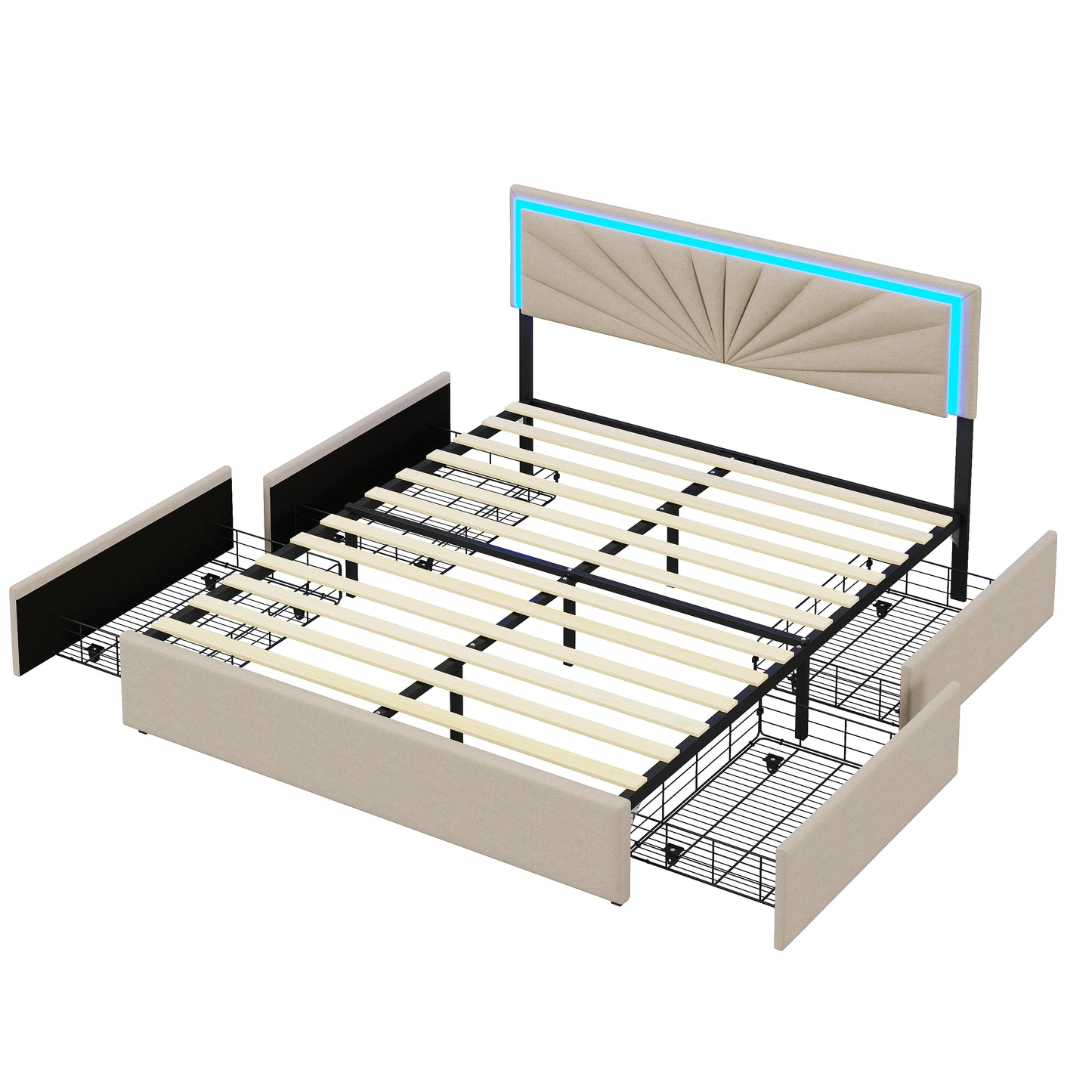 Anajqaqia 160x200cm Double Bed, Functional Bed with Backrest Headboard, with Storage Drawers and LED Lighting, Linen, Beige