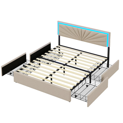 Anajqaqia 160x200cm Double Bed, Functional Bed with Backrest Headboard, with Storage Drawers and LED Lighting, Linen, Beige