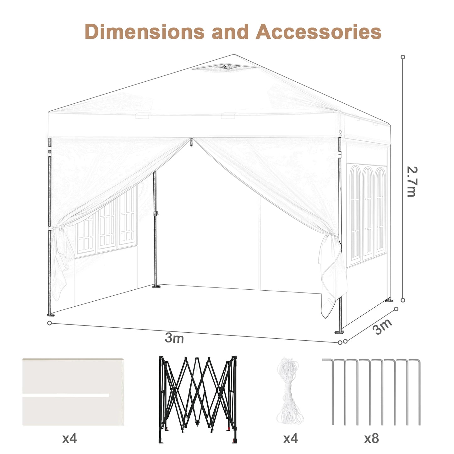 Paviljoen - Tuinpaviljoen - Partytent - Tuintent - Pop-up Kliksysteem - Stabiel - Vouwtent - Opvouwbaar - Waterdicht - Winterbestendig - 50+UV-Bescherming - voor Tuin - Buiten - Achtertuin - 210D Oxford - 3 x 3 m - Beige