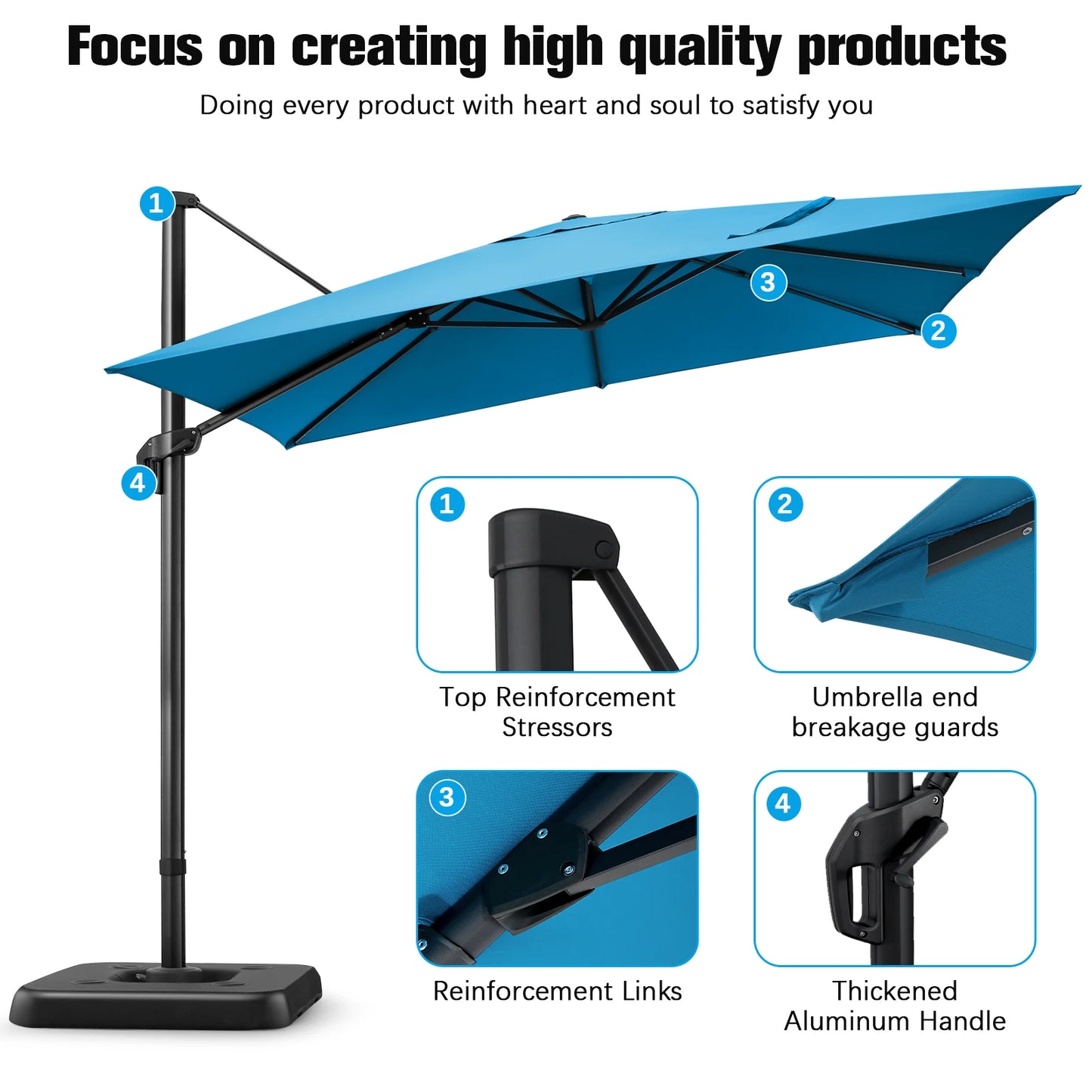 Parasol - Zweefparasol - Vrijdragende Parasol – Grote Parasol – Tuinparasol – Draaibare Parasol – 3X3 Meter – UV-Bestendig – Waterafstotend - Blauw