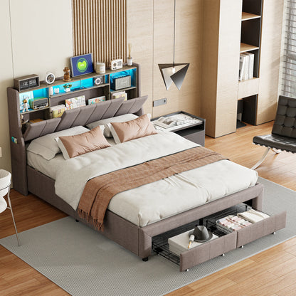 Rosahqnda LED Upholstery bed Double Bed with 2 Drawers USB Storage Headboard Youth bed with Storage Linen