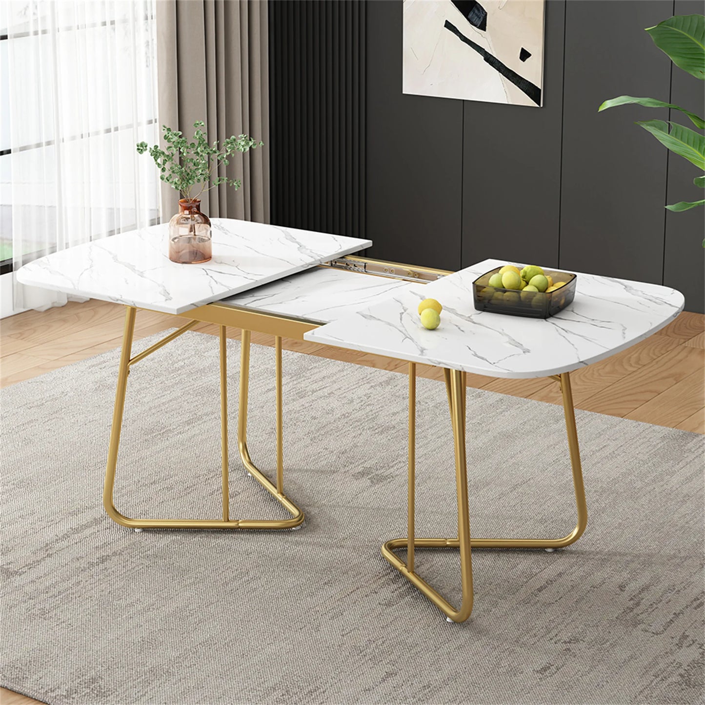 Eettafel – Uitbreidbare Tafel – Uitschuifbare Eettafel – Moderne Tafel – MDF Tafelblad – Marmerlook – Gouden Metalen Poten - 120-180 x 80 x 75 cm - Wit