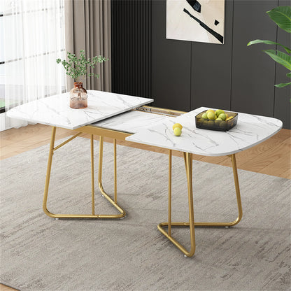 Eettafel – Uitbreidbare Tafel – Uitschuifbare Eettafel – Moderne Tafel – MDF Tafelblad – Marmerlook – Gouden Metalen Poten - 120-180 x 80 x 75 cm - Wit