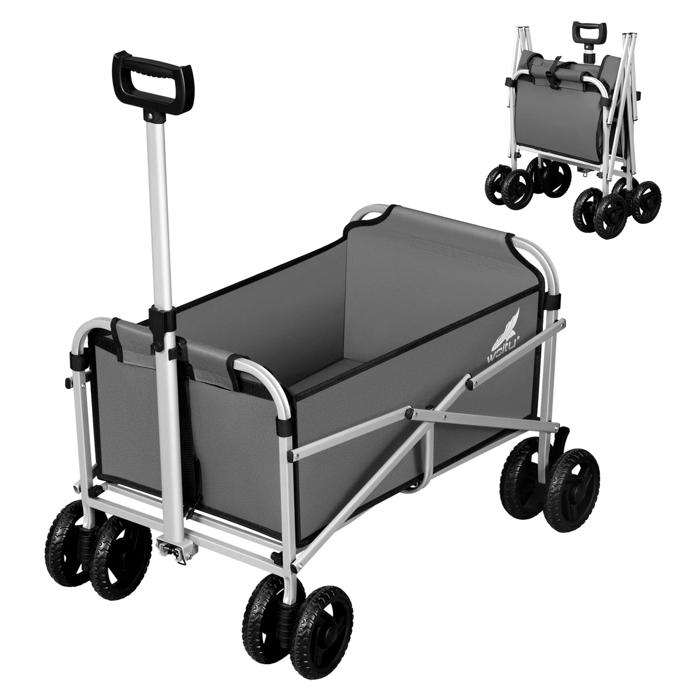 Tuinwagen - Tuinkar - Strand - Bolder - Boodschappen - Transport - Heavy-duty - met Dubbele Wielen en Rem - Voor Tuin - Erf - en Magazijn - Ergonomische Handgreep - 360° Draaibare Wielen - Draagvermogen 80kg - Donkergrijs