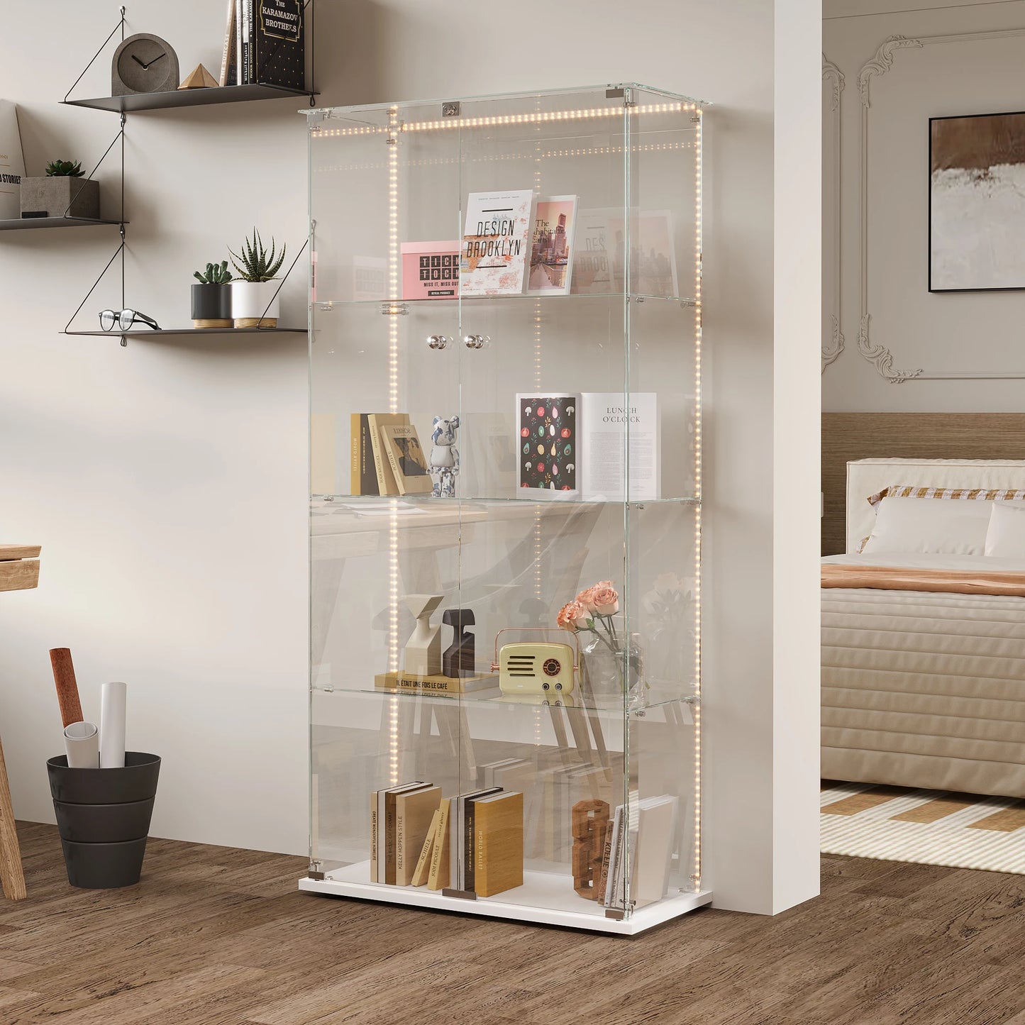 Glazen Vitrinekast – Displaykast – Vitrinekast Met Deuren – Opbergkast – Collectiekast – Wit Gelakt Hout Met LED-Verlichting – Veilig Slot - QUORE
