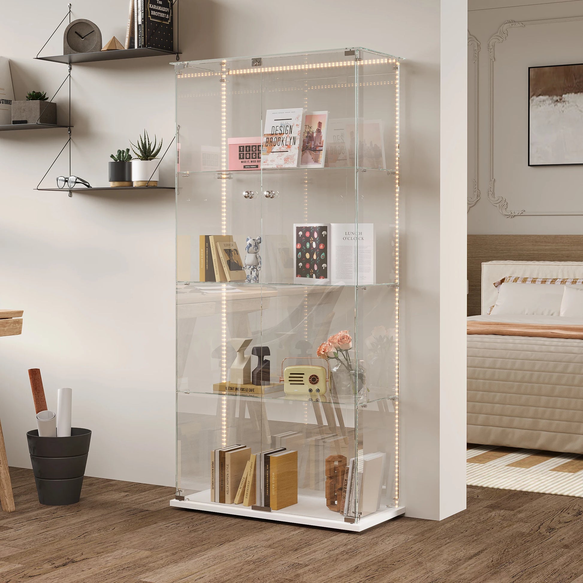 Glazen Vitrinekast – Displaykast – Vitrinekast Met Deuren – Opbergkast – Collectiekast – Wit Gelakt Hout Met LED-Verlichting – Veilig Slot - QUORE