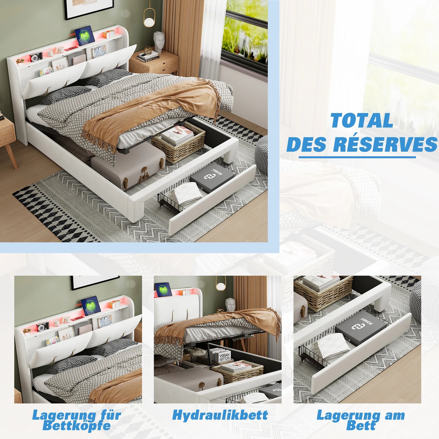 Tweepersoonsbed – Bedframe – Opbergbed – Slaapbank – Boxspring – 160x200 cm – Met LED-verlichting en USB-oplaadpunt – Grijs Fluwelen Hoofdeinde