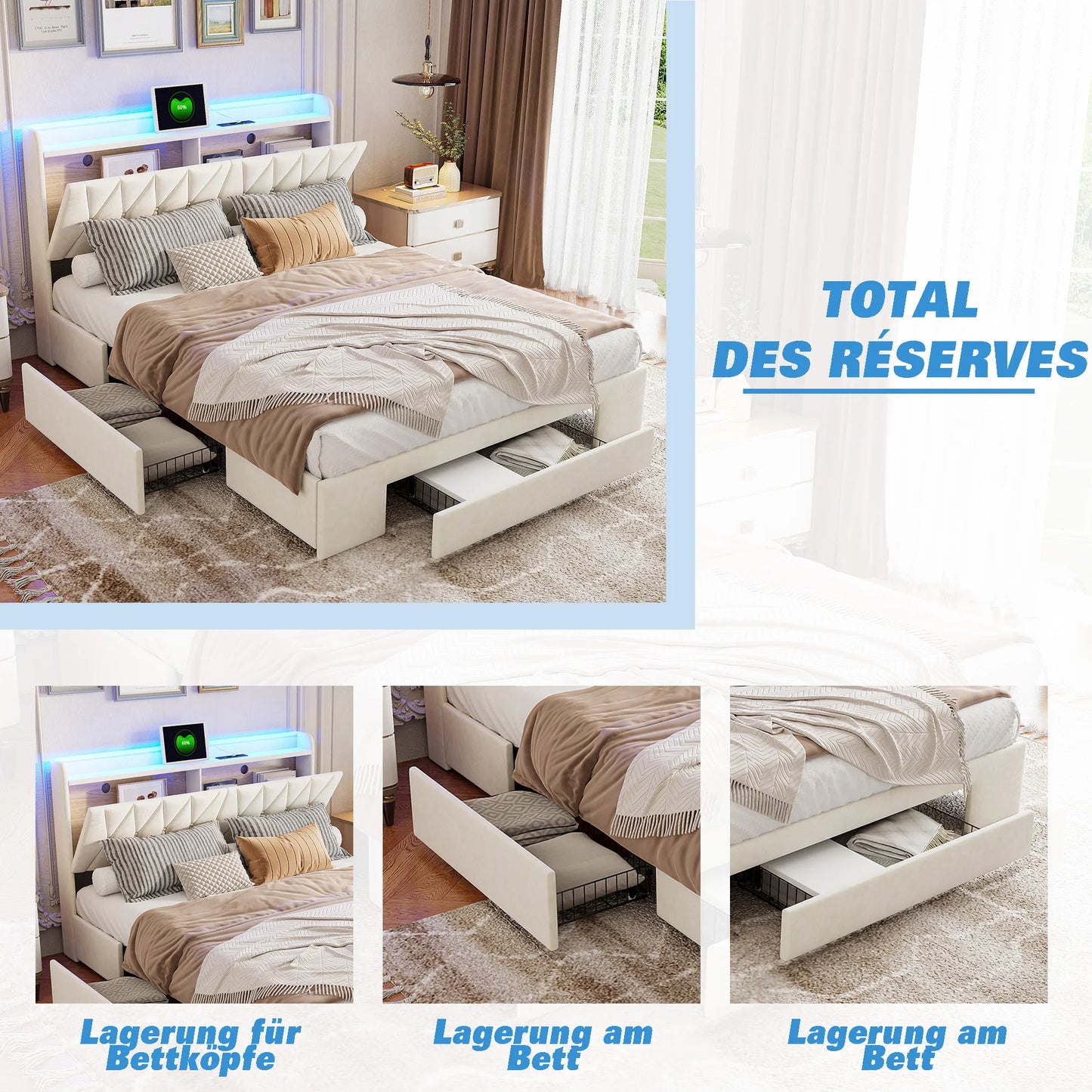 Bedkastenbed – Opbergbed – Tweepersoonsbed – Gestoffeerd Bed – Bedframe – 160x200 cm – USB Opladen – 3 Lades Met Wieltjes
