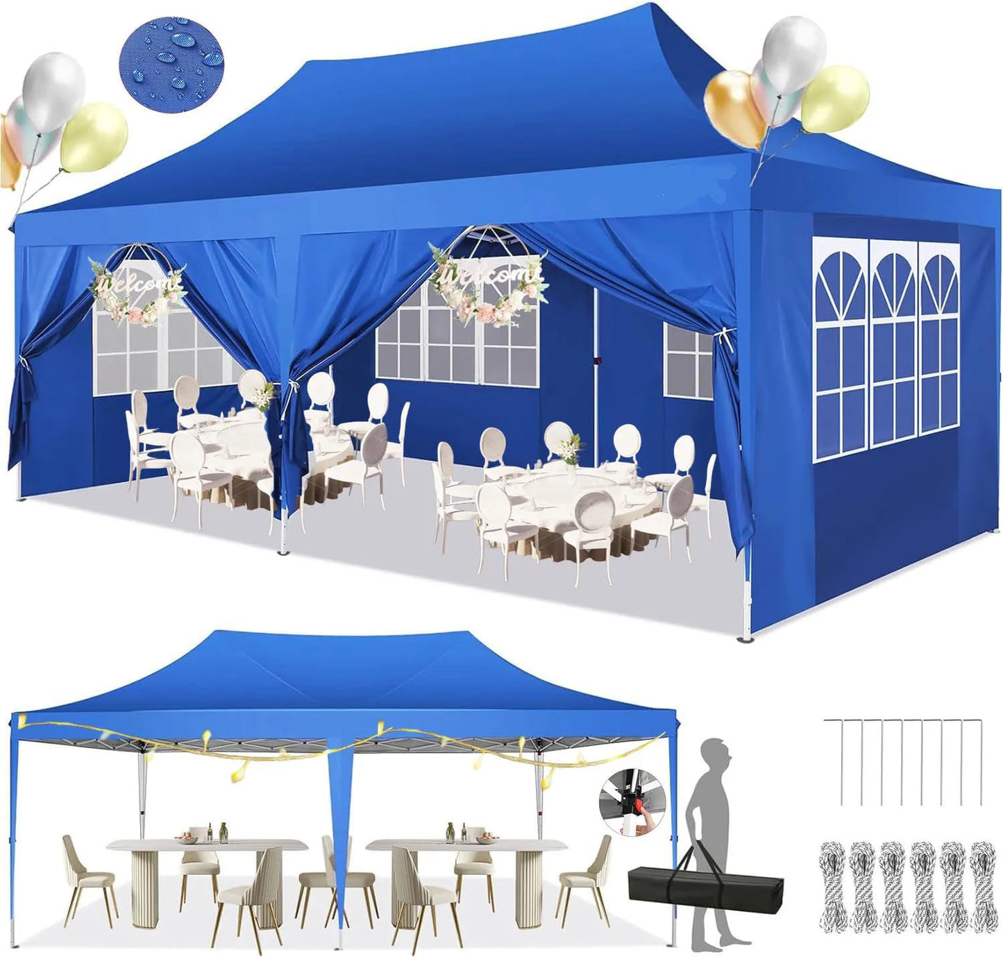 Tuinpaviljoen –  Paviljoen – Partytent – Opvouwbare Tent – Overdekt 18 m² – Waterdicht 210D Oxford – Verstelbaar Op 3 Hoogtes - 3x6m - Blauw