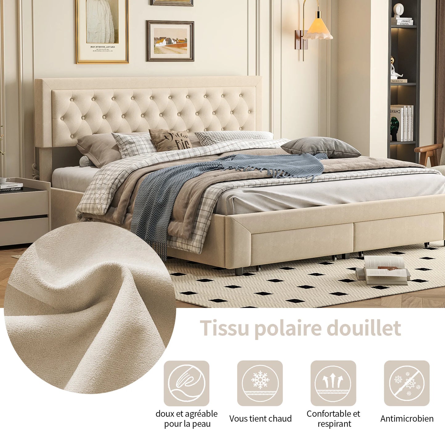 Opbergbed – Gestoffeerd Bed – Boxspringbed – Ladebed – Tweepersoonsbed – Beige 160 × 200 cm – Velours Bekleding – Ruime Opberglades met Wieltjes