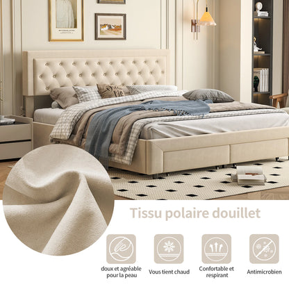 Opbergbed – Gestoffeerd Bed – Boxspringbed – Ladebed – Tweepersoonsbed – Beige 160 × 200 cm – Velours Bekleding – Ruime Opberglades met Wieltjes