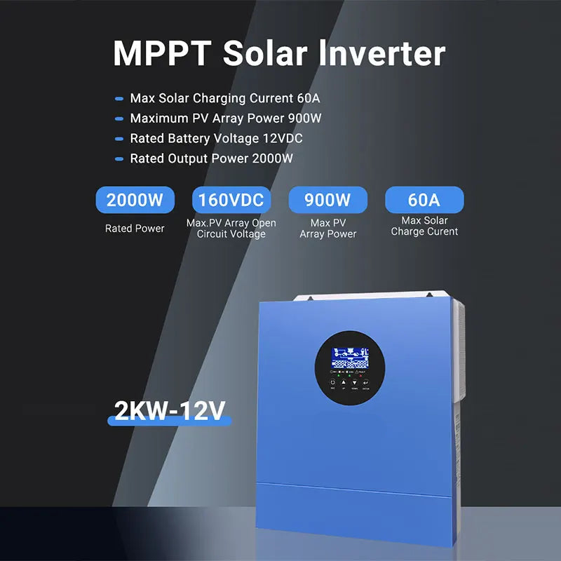 Solar Inverter – Zonne-Omvormer – MPPT Laadregelaar – 12V - 60A - 2000W Omvormer – WiFi Monitoring – Pure Sinusgolf Uitgang