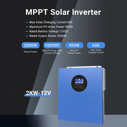 Solar Inverter – Zonne-Omvormer – MPPT Laadregelaar – 12V - 60A - 2000W Omvormer – WiFi Monitoring – Pure Sinusgolf Uitgang