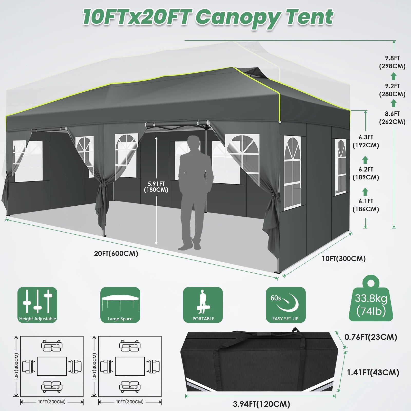 Tuinpaviljoen – Partytent – Prijstent – Inklapbare Feesttent – Tuinkamer – Overkapping – Waterdicht 210D Oxford Materiaal – UPF 50+ UV Bescherming - 3x6m - Grijs - QUORE