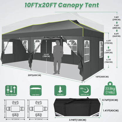 Tuinpaviljoen – Partytent – Prijstent – Inklapbare Feesttent – Tuinkamer – Overkapping – Waterdicht 210D Oxford Materiaal – UPF 50+ UV Bescherming - 3x6m - Grijs - QUORE