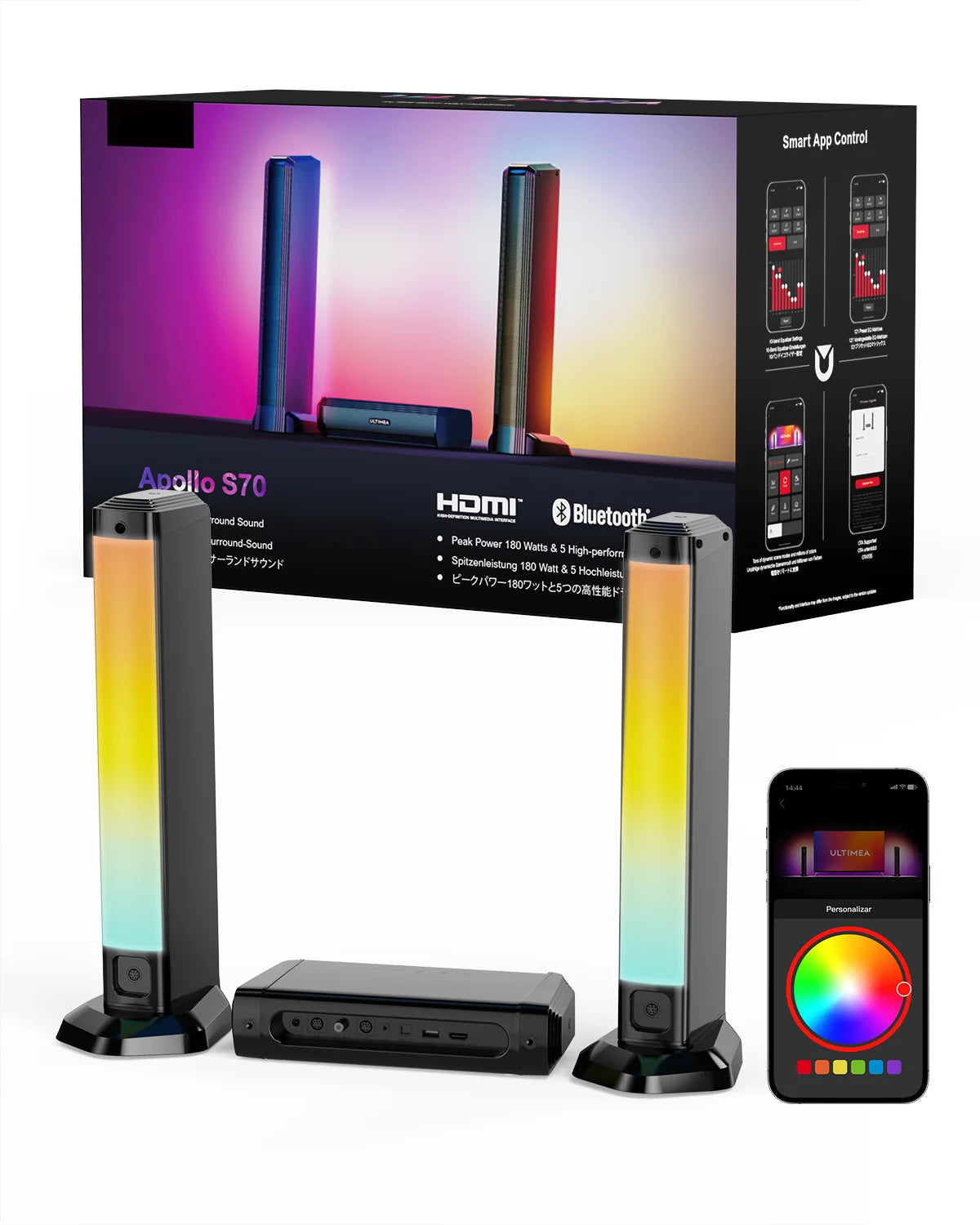 Soundbar - Soundbars voor TV en Theater - Soundbar met Subwoofer - 5.0ch - Sound Bar voor Smart TV - PC - Met RGB-verlichting - Afneembare - Met App-bediening - HDMI - ARC - OPT - AUX - EU Stekker -  Zwart - QUORE