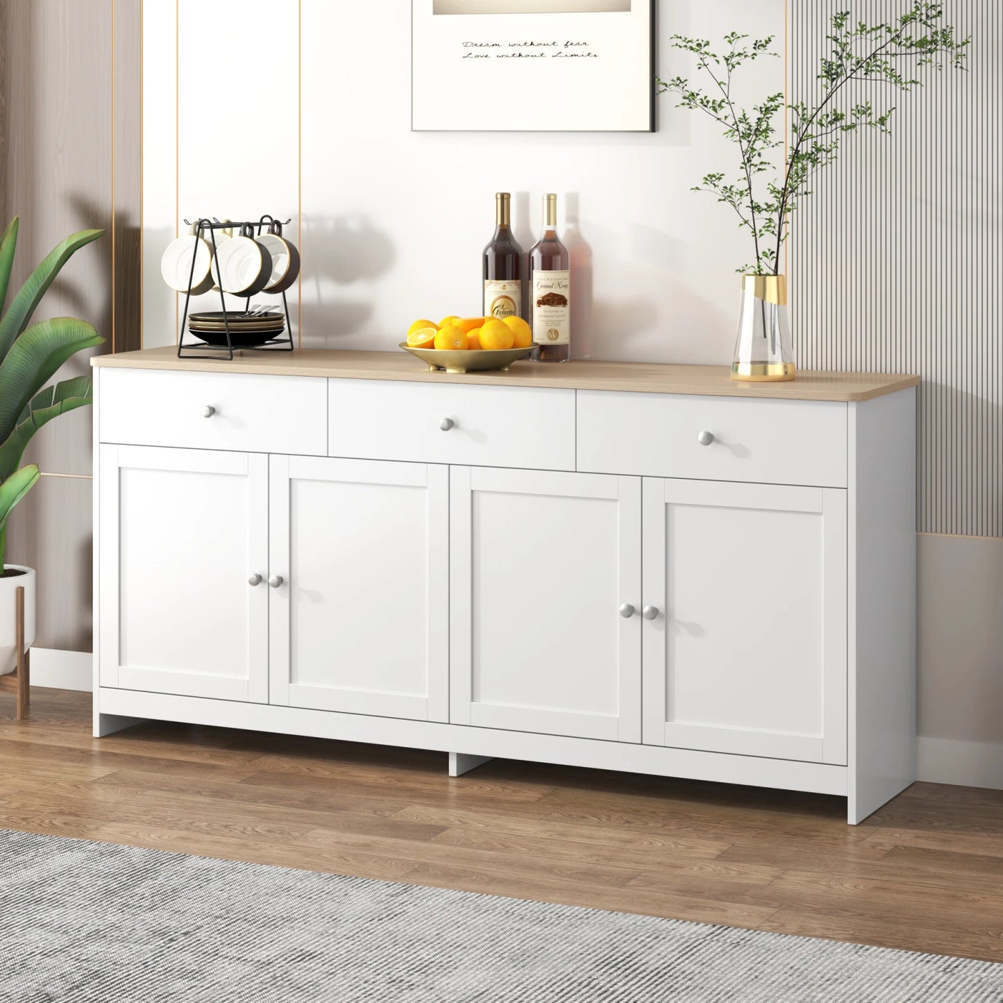 Sideboard – Dressoir – Opbergkast – Kast – Buffetkast – Wit Met Houtaccent – 160x37x75 cm – 4 Deuren En 3 Laden