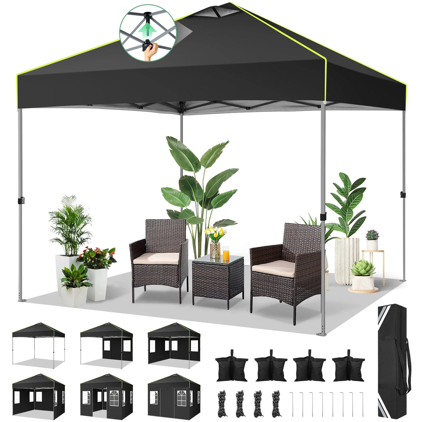 Pop-Up Tent – Vouwtent – Evenemententent – Marktkraamtent – Waterdicht Oxford Doek – UPF 50+ Bescherming – Verstelbare Hoogte - 3 x 3 m - Zwart