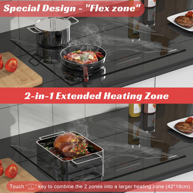 Inductie kookplaat - Induction Hob - Induction Cook Top - Inductie Fornuis - Elektrische Brander - 4-pits inductiekookplaat - met marmering - stekker en flexzone - 3500W - met touchbediening - timer - veiligheidsslot - Zwart