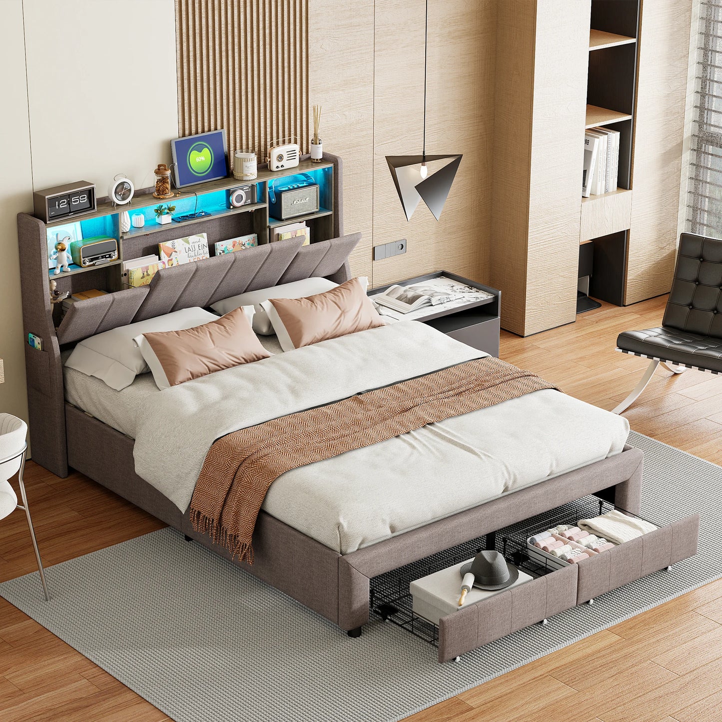 Tweepersoonsbed – Bedframe – Slaapbank – Opbergbed – Jeugdbed – 140x200 cm – Met LED-verlichting en USB-poorten – Inclusief 2 Opberglades - QUORE