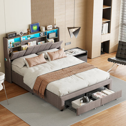 Tweepersoonsbed – Bed – Opbergbed – Led Bed – Slaapbank – 160x200 cm – Met Led Verlichting en Usb Poorten – Inclusief 2 Grote Laden