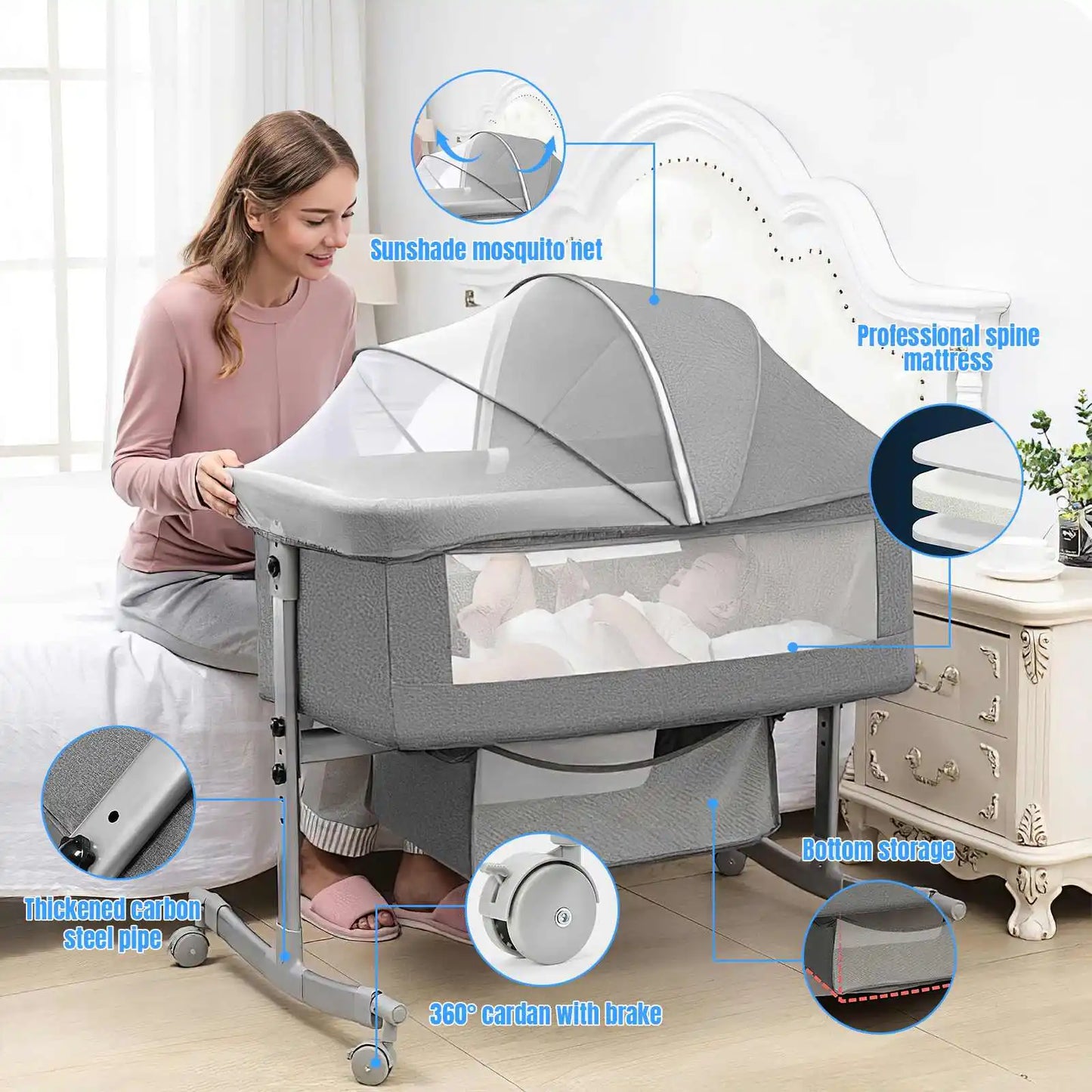 Elektrisch Babybed - Babybed - Babybedje - Wieg - Ledikant - Schommelbed - 3-in-1 - Verstelbare Hoogte - met Muskietennet - App-besturing - Afstandsbediening - Khaki