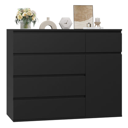 Hoge Ladekast – Kast – Opbergmeubel – Dressoir – Bergkast – Tonal White Met Zwart Accent – 5 Lades En 1 Deur – 100x80x40 cm – Duurzaam MDF