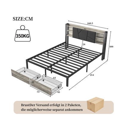 Metalen Tweepersoonsbed – Bedframe – Bed met Opberglades – LED Bed – Gestoffeerd Bed – 160x200 cm – Ingebouwd USB Oplaadstation – RGB LED Verlichting
