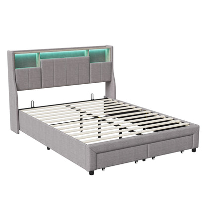 Gestoffeerd Tweepersoonsbed – Bedframe – Slaapbank – Opbergbed – Ledikant – 160x200 cm – Linnenstof Grijs – Met LED-verlichting en USB-poort – Inclusief 2 Opbergladen